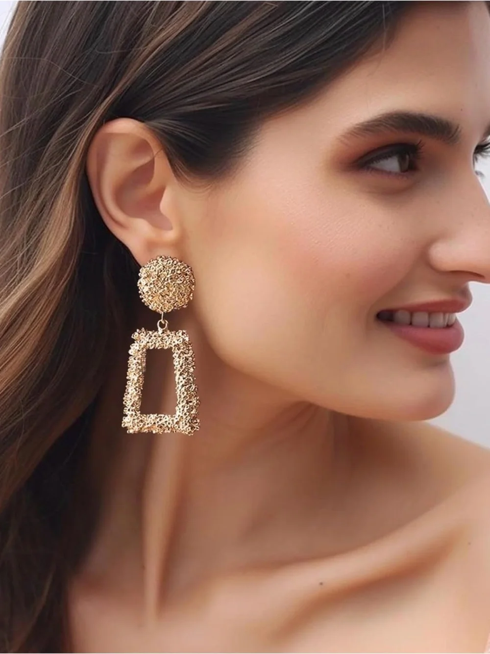 NEW! Chunky Gold Textured Pierced Geometric Drop Earrings - Picture 11 of 12